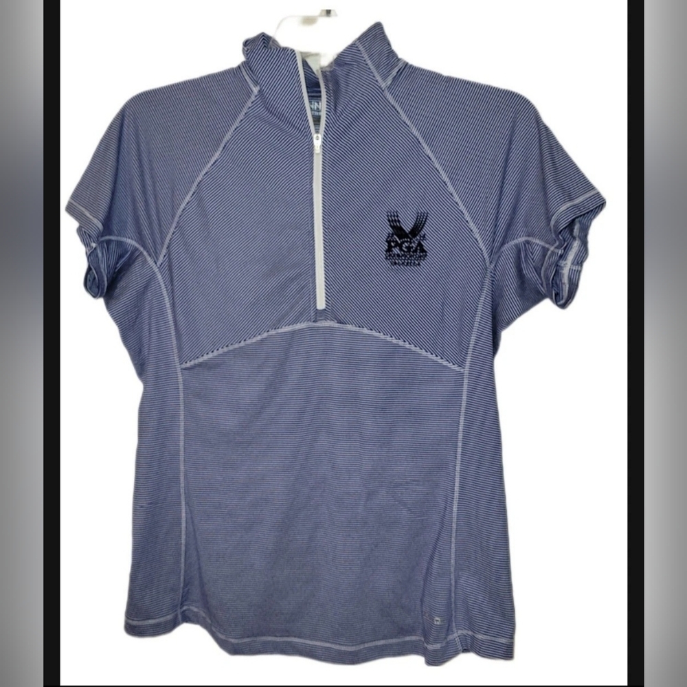 Annika Cutter And Buck Half Zip Med Blue White Stripe PGA Golf Shirt Sun Protect